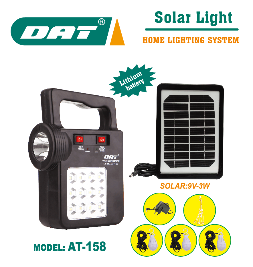 AT-158 DAT home solar lighting system kits  DC portable solar power system with 6v 4500mah lithium battery light