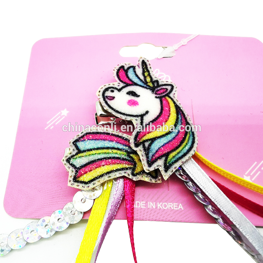 Yiwu factory hot selling sequin strip unicorn faux hair clip for girls kid party hair accessory
