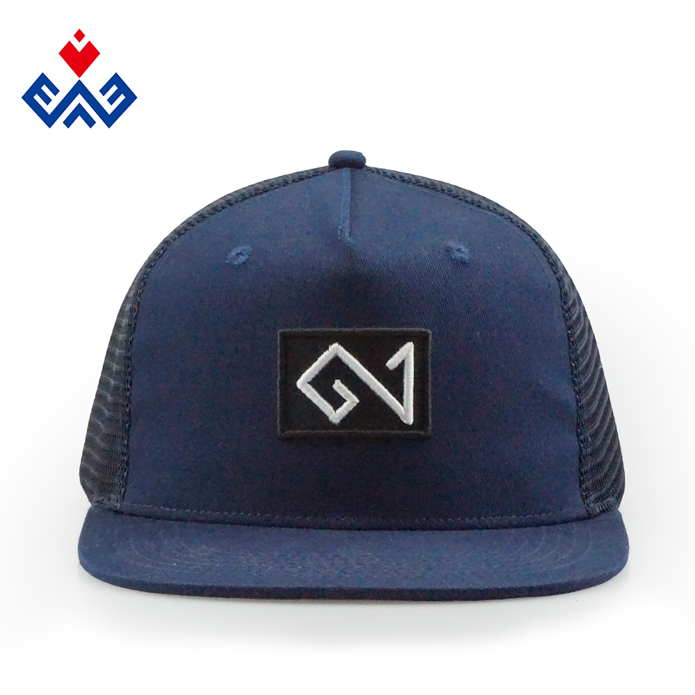 Custom 5 panel trucker hat cap navy blue color with embroidery logo adjustable snapback