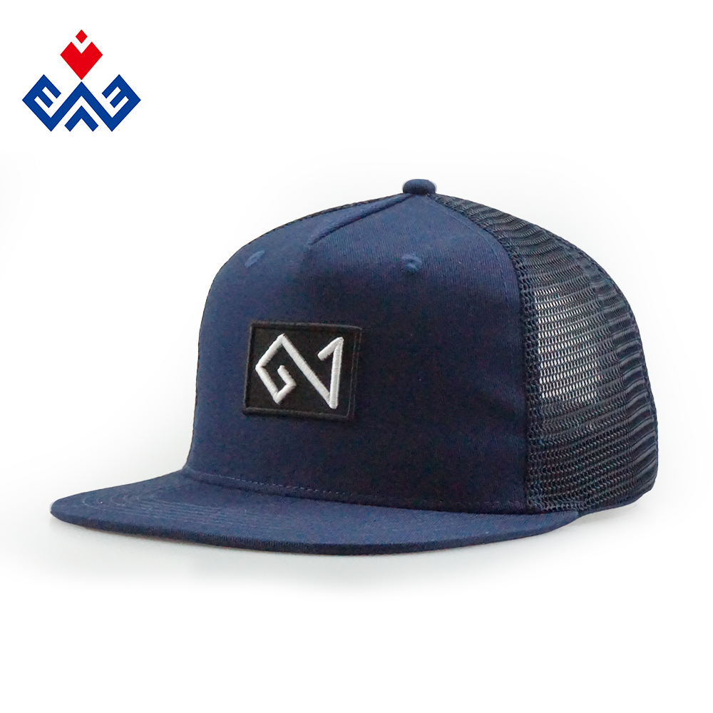 Custom 5 panel trucker hat cap navy blue color with embroidery logo adjustable snapback