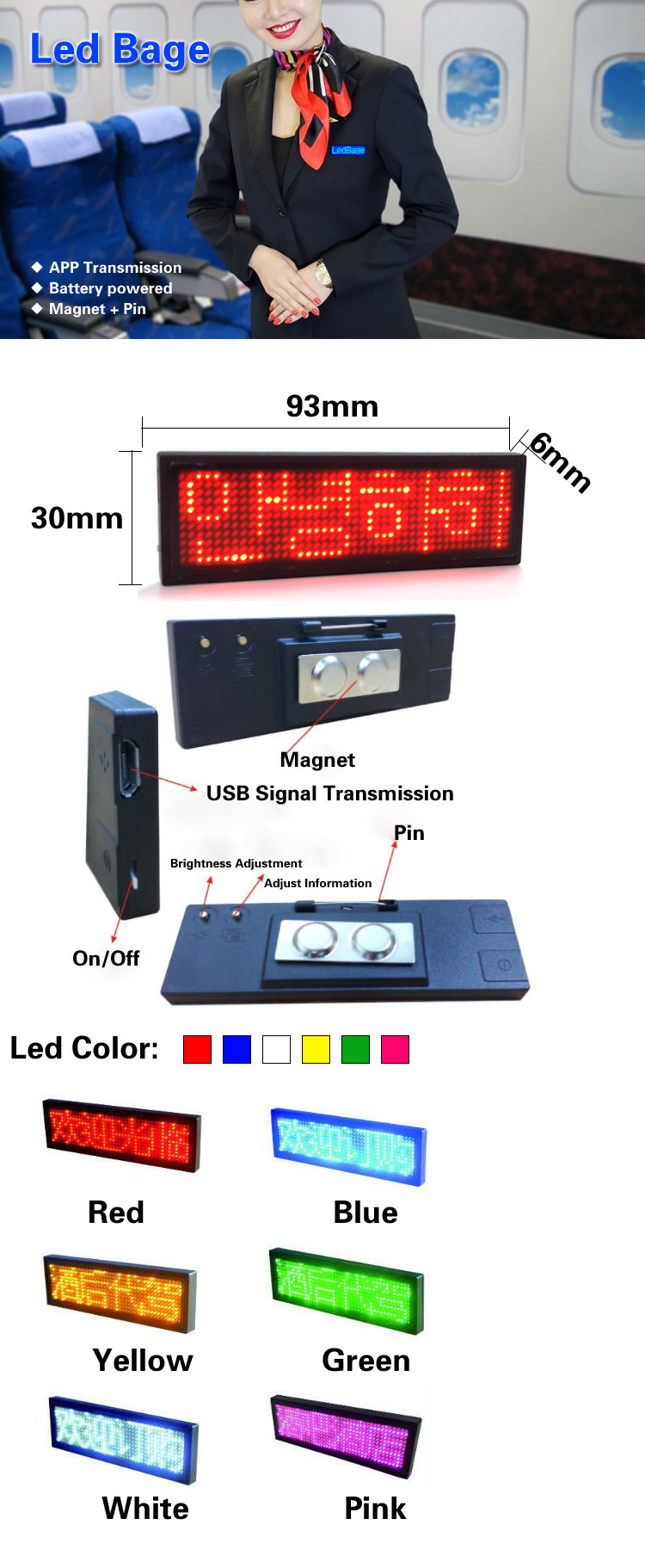 LED Badge Digital Scrolling Message Name Tag, Display Portable Rechargeable LED Pin, Programming USB Business Tag
