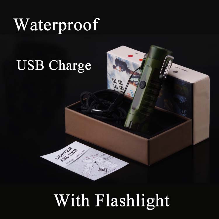 Custom Logo Waterproof and Windproof USB Cigarette Lighter with Flashlight for Outdoor