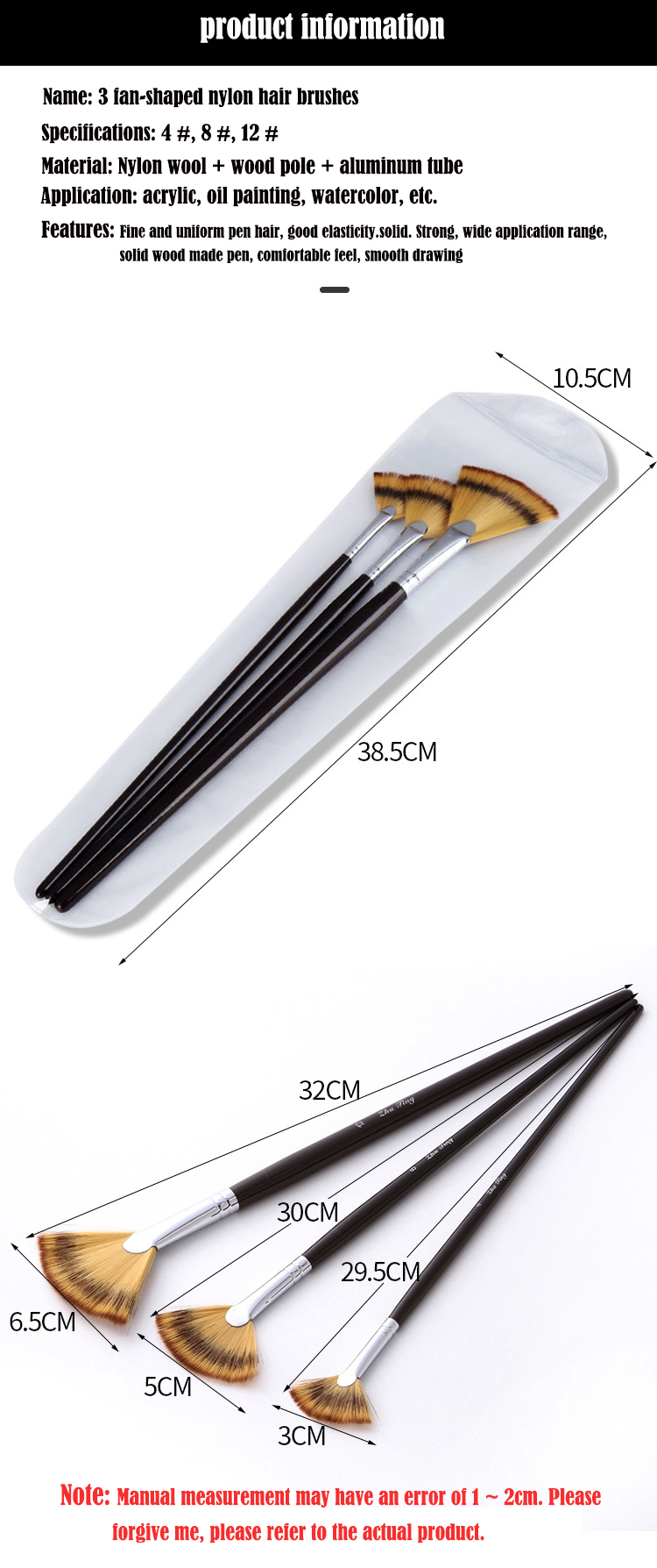 3Pcs Black Long Rod Mermaid Fan Gouache Brush Sets
