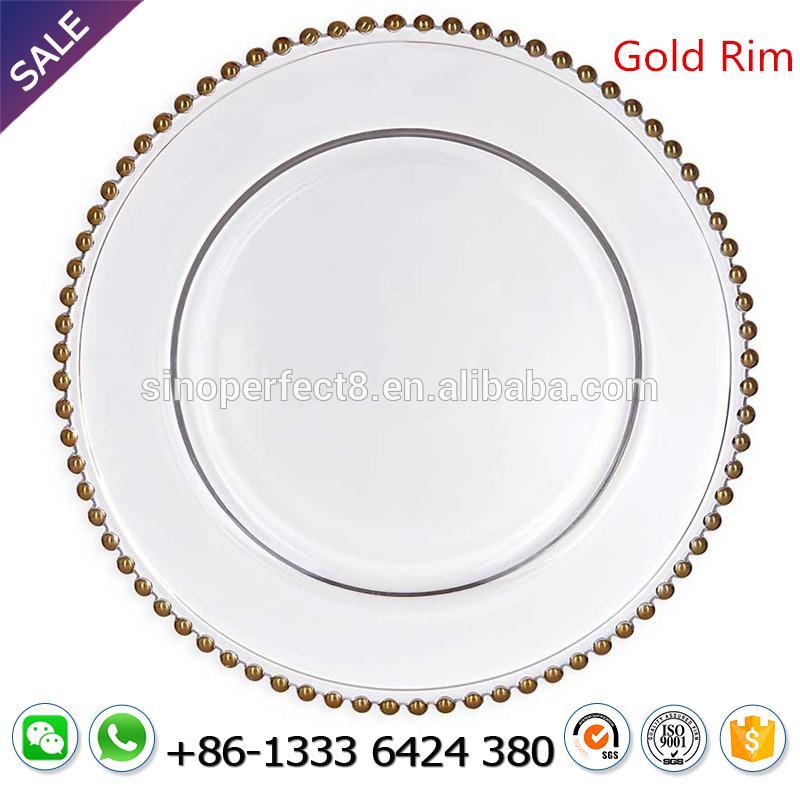 Wholesale clear glass beaded charger plate with gold rim lace reef for wedding table decoration