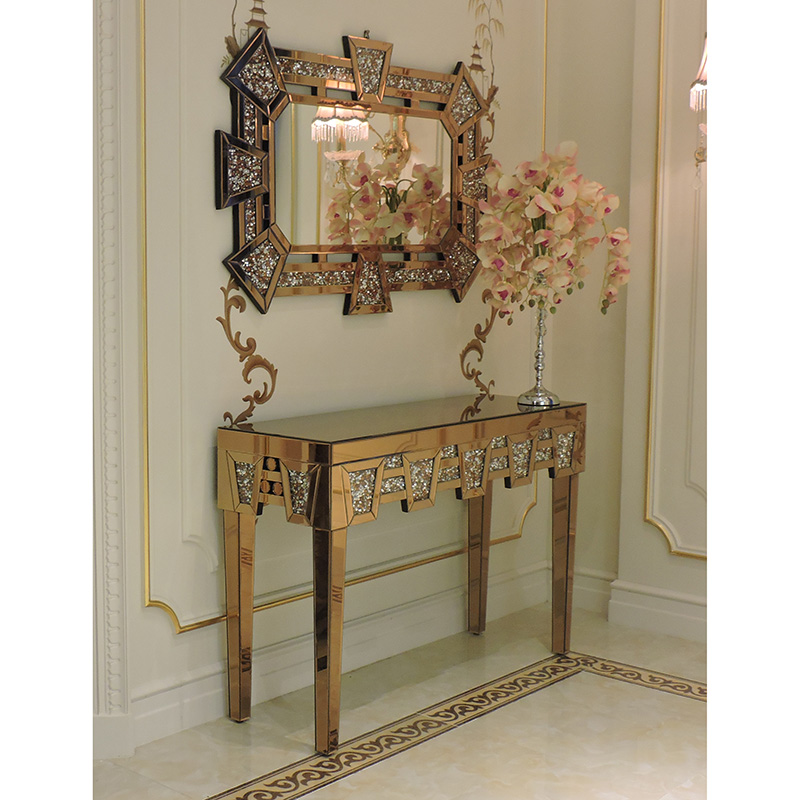 Antique Gold mirrored diamond crushed crystal console table with mirror