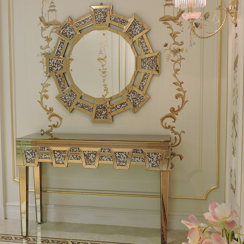 Antique mirrored glass home decor furniture gold diamond crushed crystal mirrored console table with mirror