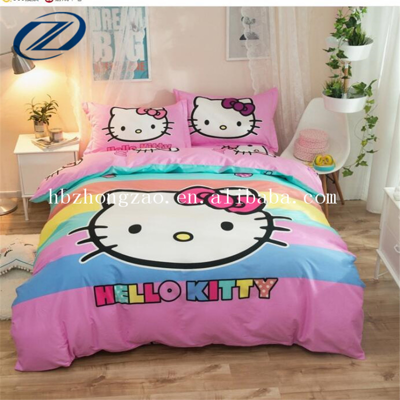Hot selling new style 100% cotton hello kitty cartoon 4pcs twin size kids duvet cover and bed sheets