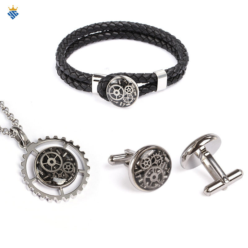 Fashionable steampunk gear stainless steel necklace bracelet jewelry men cufflinks set