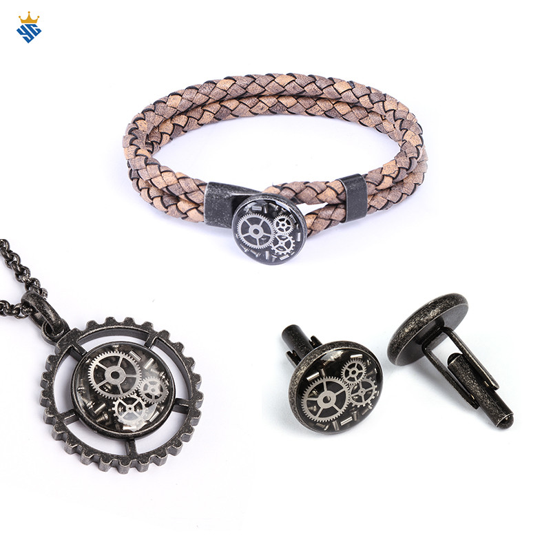 Fashionable steampunk gear stainless steel necklace bracelet jewelry men cufflinks set