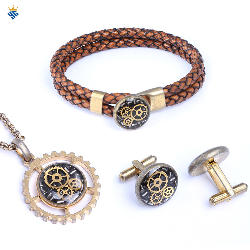 Retro gold steampunk gear stainless steel necklace bracelet cufflinks mens jewelry sets