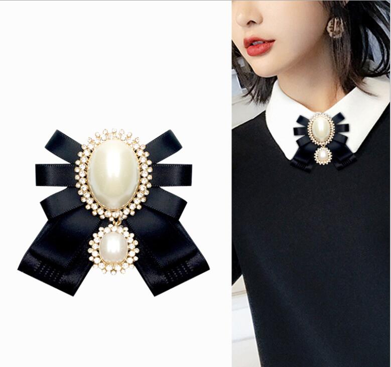 Factory wholesale fashion multi-layer bow diamond pearl collar bow tie brooch