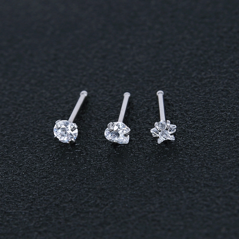 316L stainless steel straight rod star shape nose jewelry stud with cubic zircon