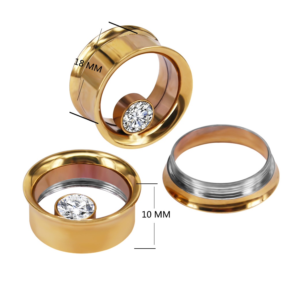 3-25mm  Double Flared Gold plated surgical stainless steel piercing ear tunnels with Zircon