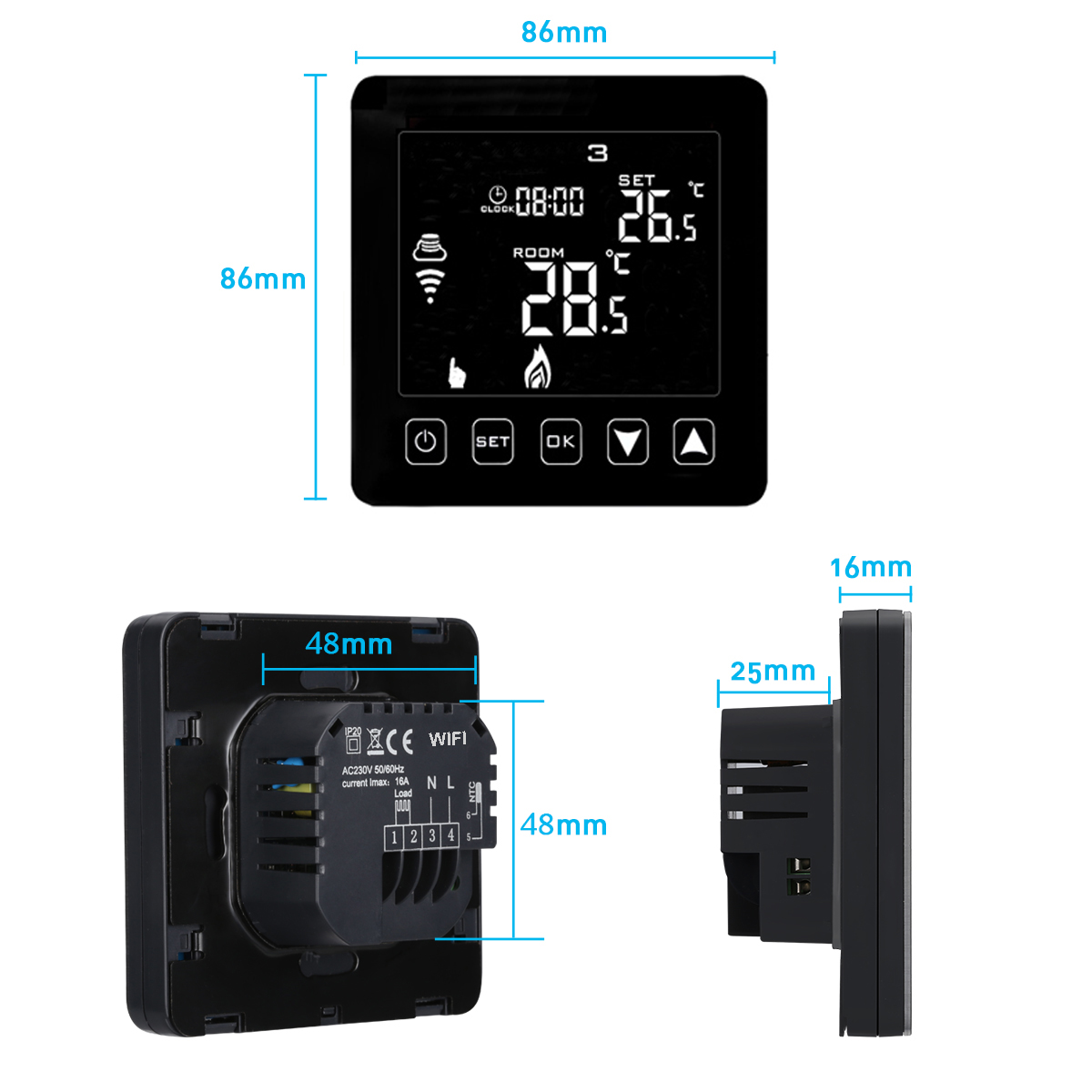 HY08WE-2 Black App Wifi Thermostat For Infrared Heater Electric Carbon Floor Heating Film