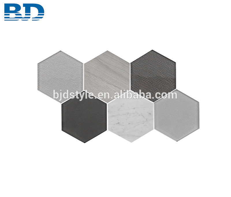 Wall Covering Big Hexagon Glass and Marble Mosaic Tile