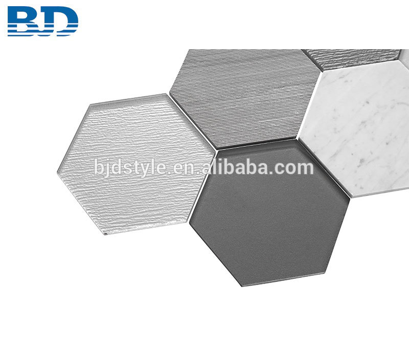 Wall Covering Big Hexagon Glass and Marble Mosaic Tile