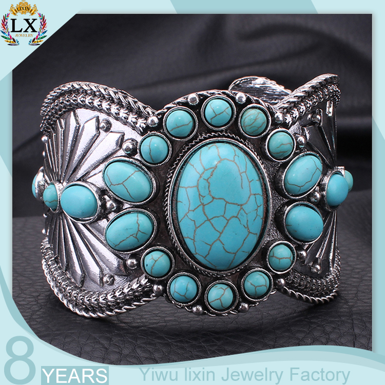 BLX-00031 Factory price statement silver plating cuff alloy bangles natural turkey turquoise bracelet