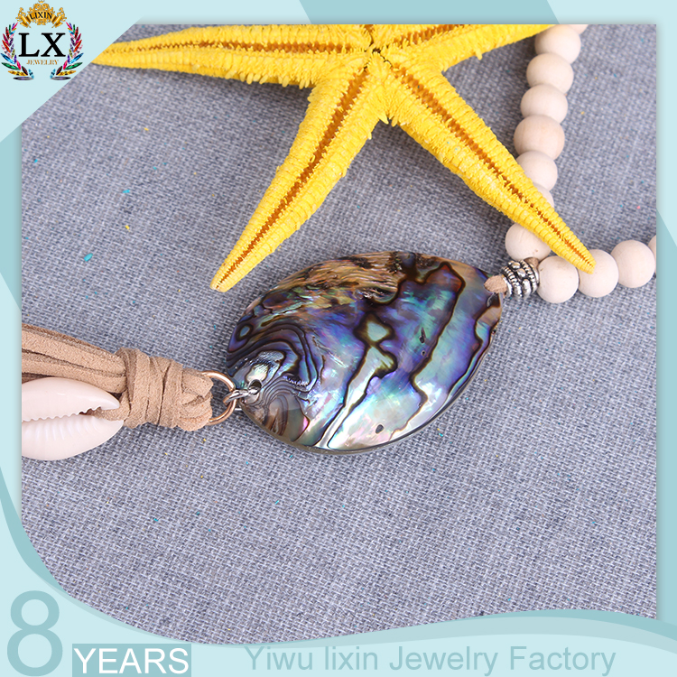PLX-00265 abalone shell pendant wood bead necklace paua shell long velvet tassel wholesale