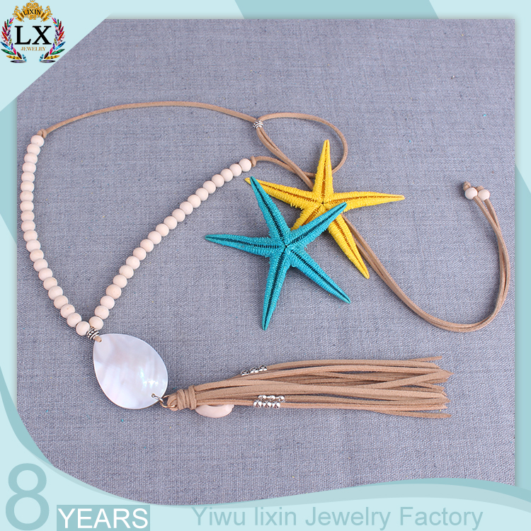PLX-00265 abalone shell pendant wood bead necklace paua shell long velvet tassel wholesale
