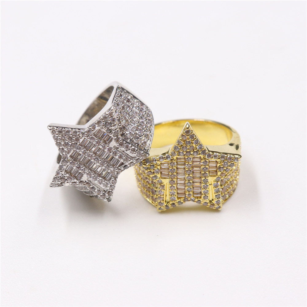 Wholesale Cz Stone Hip Hop Jewelry Punk Style Gold 14K Diamond Star Ring