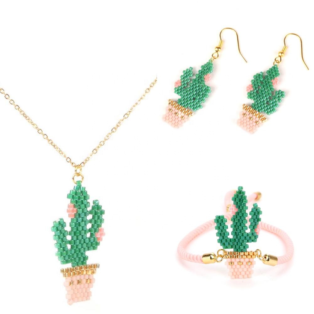 MI-S180038 Moyamiya Miyuki delica seed bead cactus cacti woven jewelry set of necklace earrings bracelets mexican boho trending