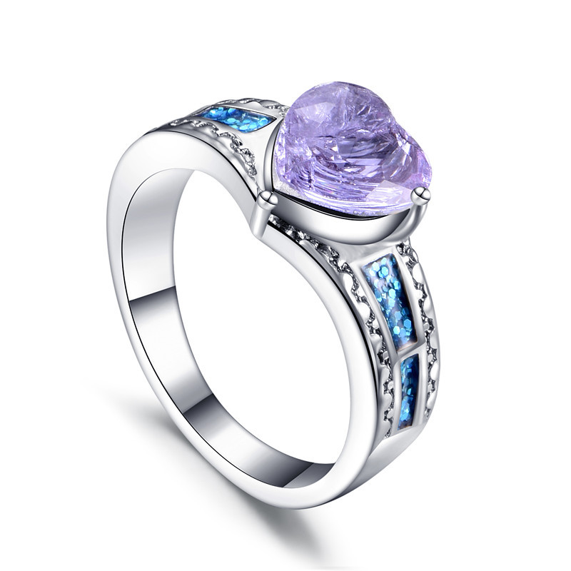 Rhodium Plated Purple Heart Shaped Cubic Zirconia CZ Halo Engagement Ring Purple Halo Engagement Wedding Ring