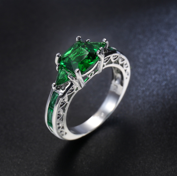 925 Sterling Silver Plating Princess Cut Green Cubic Zirconia CZ Engagement Ring Emerald Engagement Ring