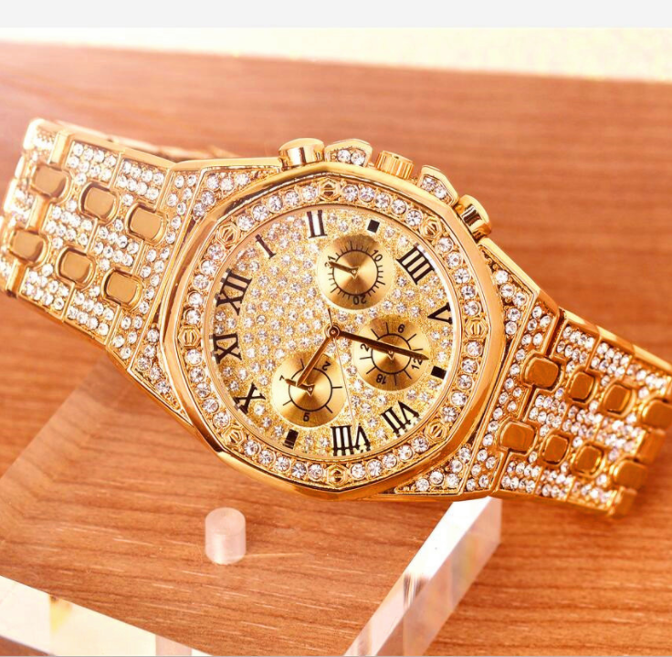 2020 Gold Plated Men's HipHop Full Stone Metal Band Watch