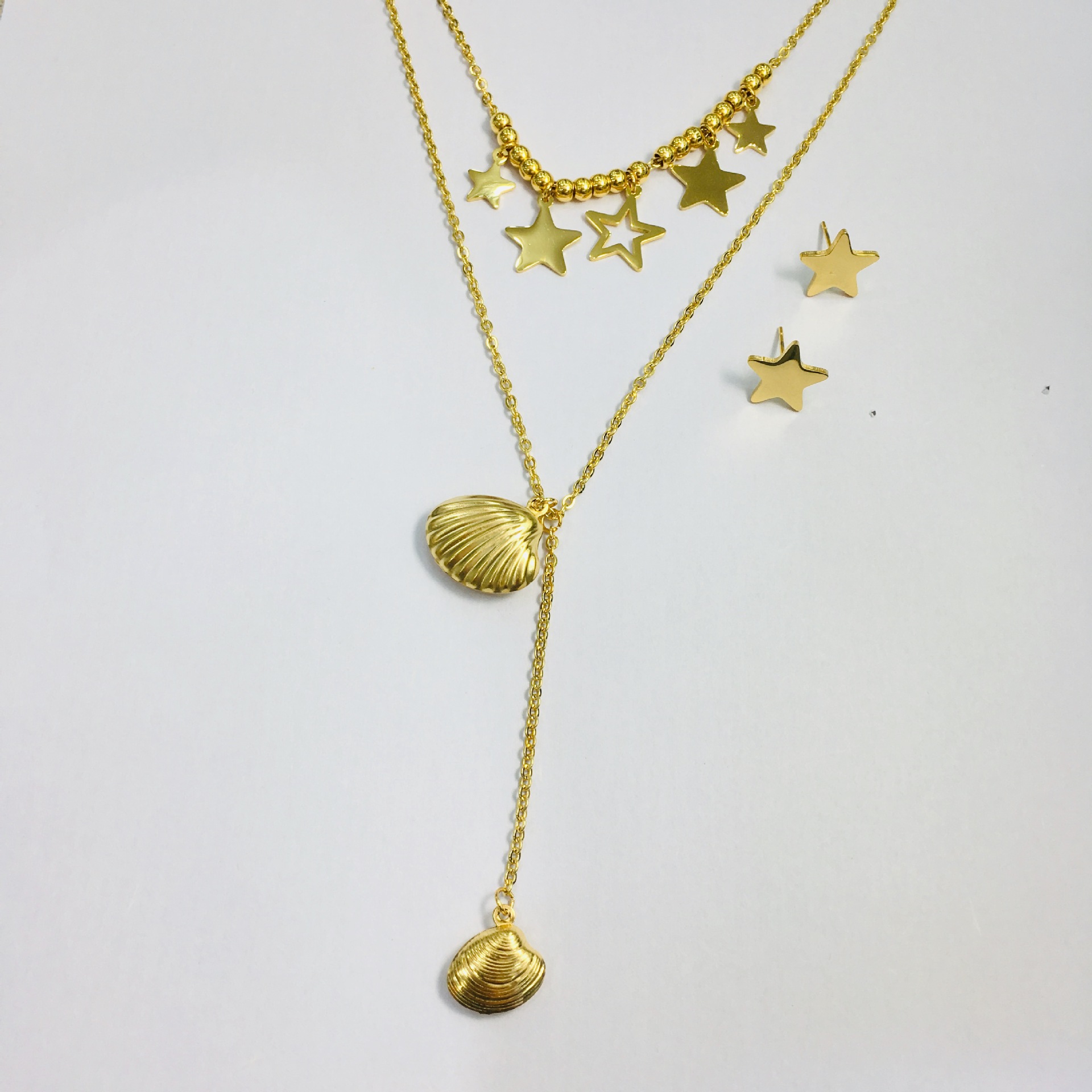 Gold Plated Double Layer Sea Star Shell Necklace Earring Set Jewelry For Women