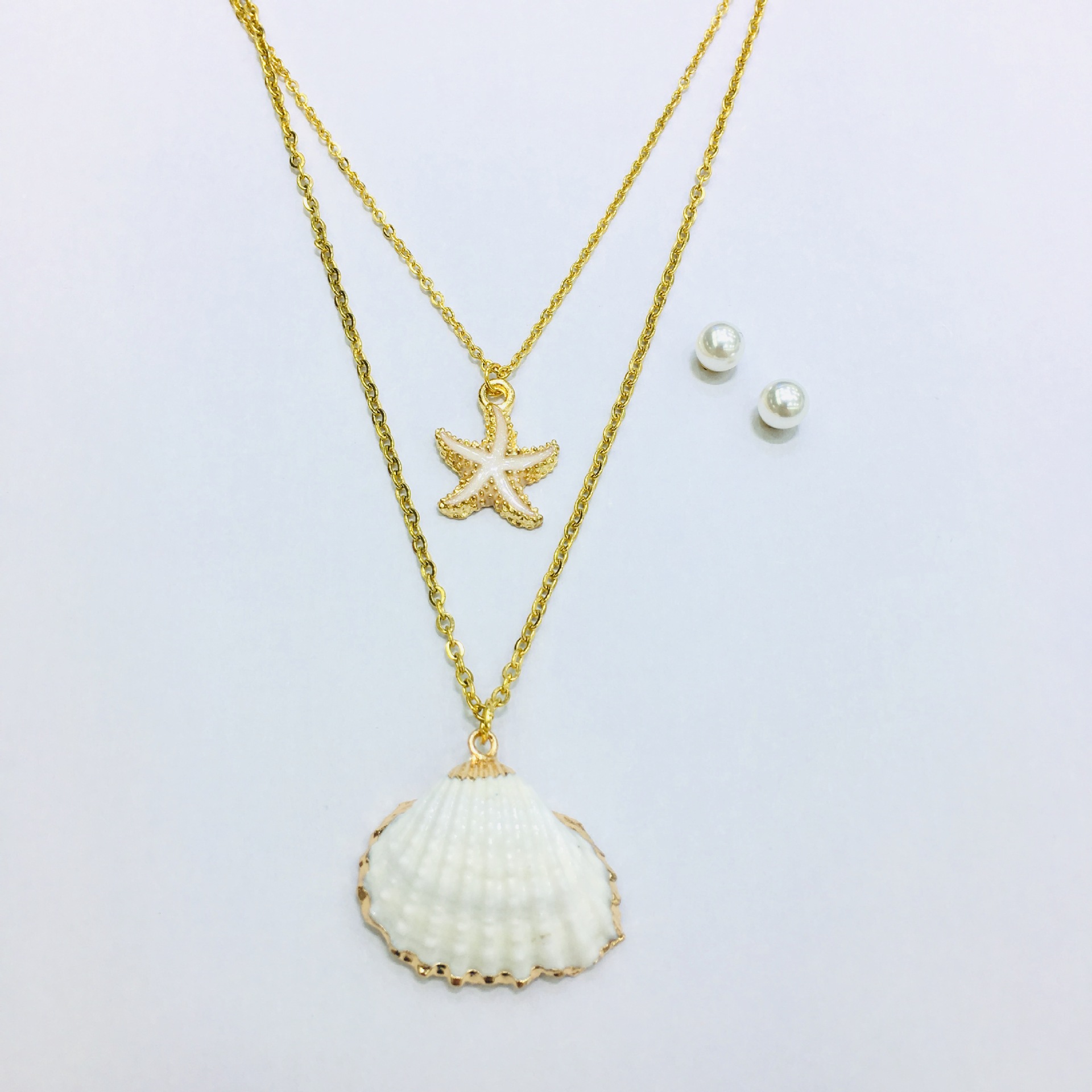 Gold Plated Double Layer Sea Star Shell Necklace Earring Set Jewelry For Women