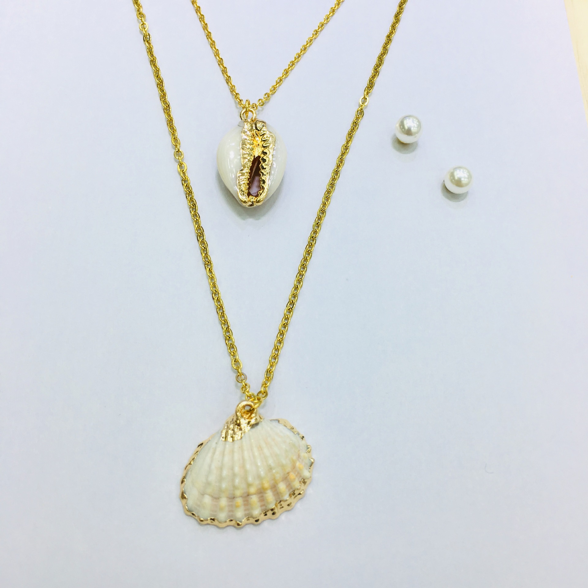 Stainless Steel Gold Plated Sea Shell Heart Necklace Earring Jewelry Set