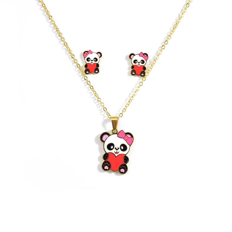 18K Gold Plated Necklace Earring Panda Animal Print Enamel Earrings