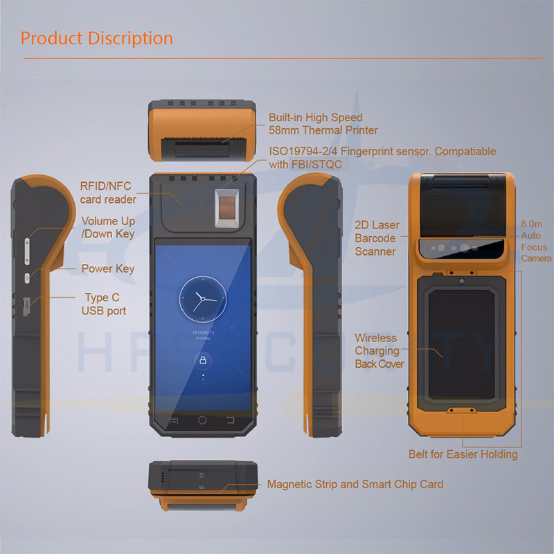 HF-FP09 Cost Effective Android MTK6753 Mobile POS Terminal Mobile Phone Wireless Barcode Biometric Fingerprint Scanner