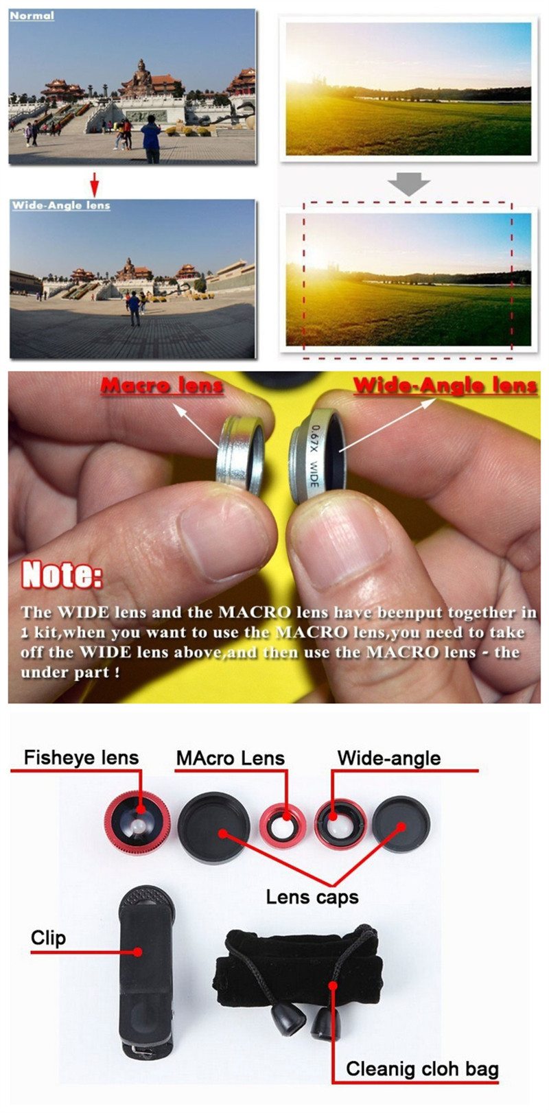 Universal Clip Fisheye Wide Angle Macro 3 in 1 Lens for Mobile Phone Camera
