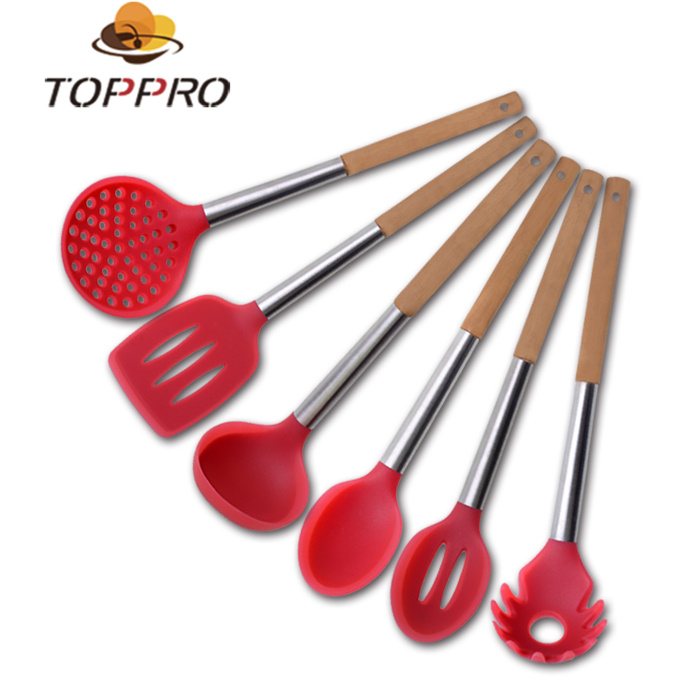 OEM stainless steel Heat-resistant Colored bamboo handle silicone kitchen utensils Cooking Utensil Set