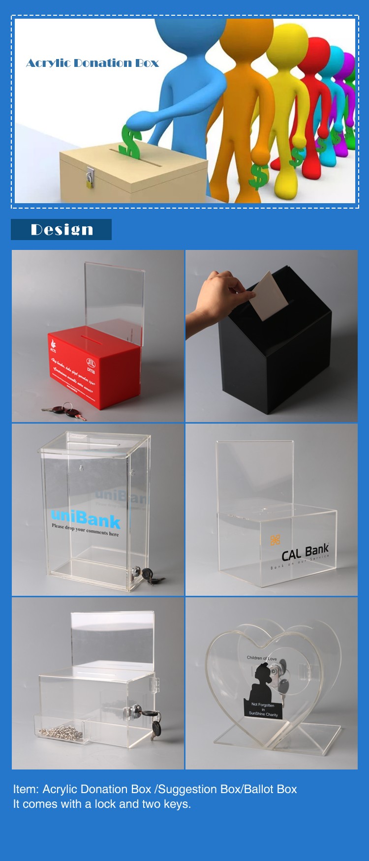 High quality mini acrylic cheap donation boxes with clear sign holder, bright red acrylic ballot boxes wholesale