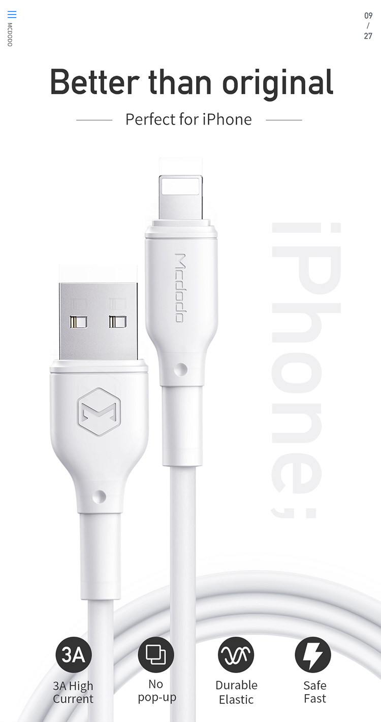 Mcdodo Factory Price TPE Made White Round 1.2m 4ft 5V 2A Charging and Sync Data Cable for iphone 11, 11 pro, 11 pro max