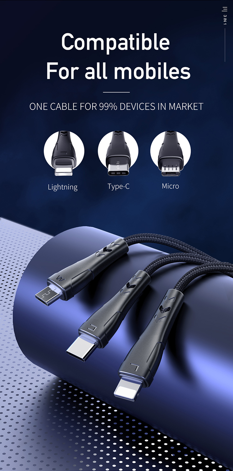 2019 Mcdodo Mamba Series for iphone, Huawei and Samsung 3 in 1 Nylon Braided 3A Fast Charge Cable with LED