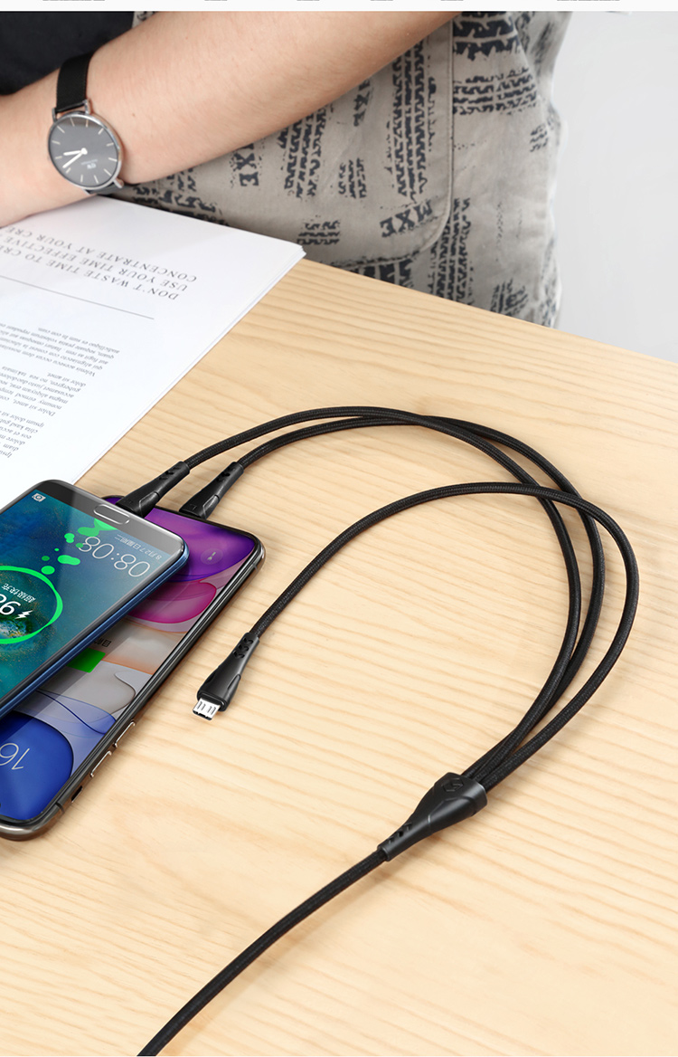 2019 Mcdodo Mamba Series for iphone, Huawei and Samsung 3 in 1 Nylon Braided 3A Fast Charge Cable with LED