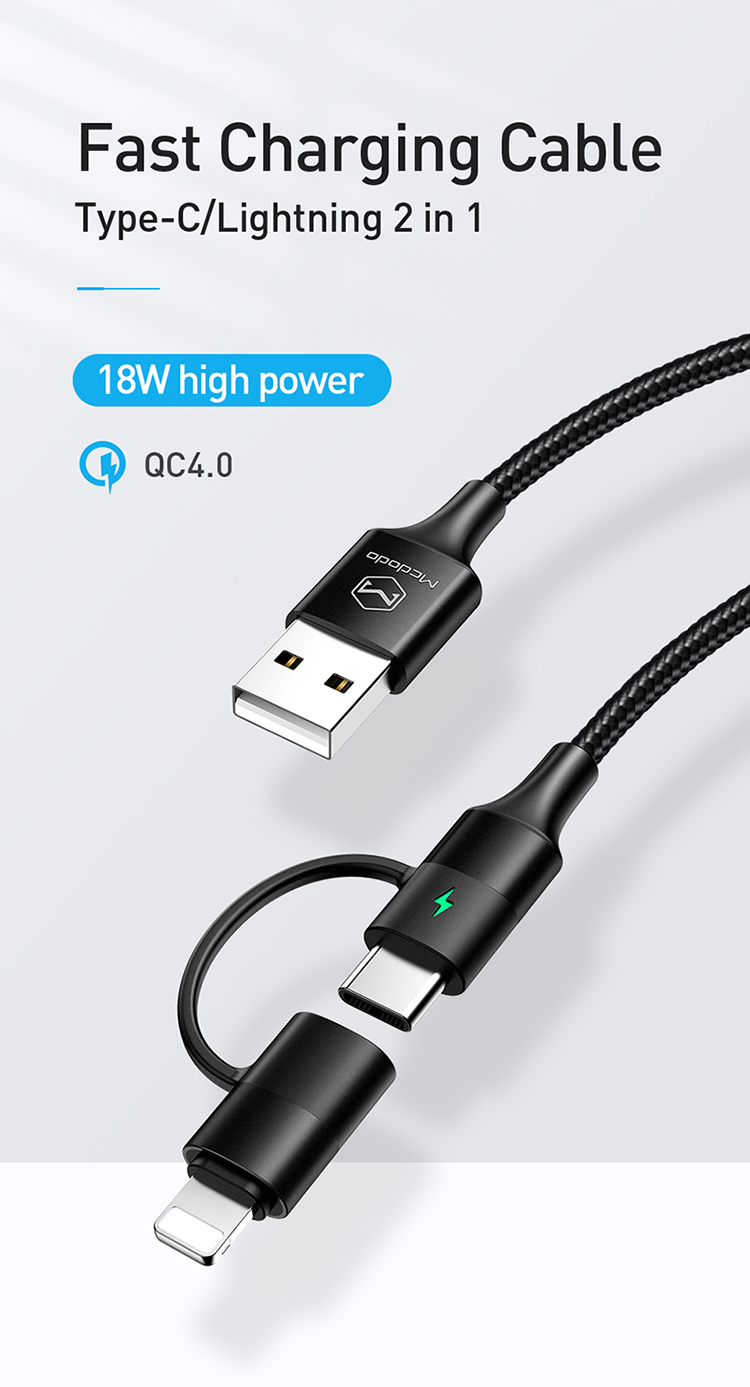 Mcdodo 4ft 1.2m 2 in 1 USB to Light ning and Type-C Cable Supporting QC3.0/4.0 Quick Charge