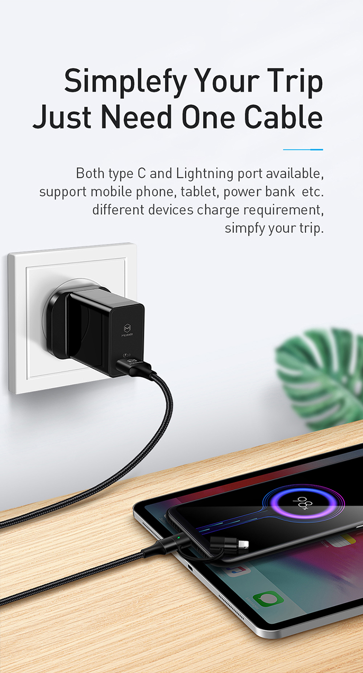 Mcdodo 4ft 1.2m 2 in 1 USB to Light ning and Type-C Cable Supporting QC3.0/4.0 Quick Charge