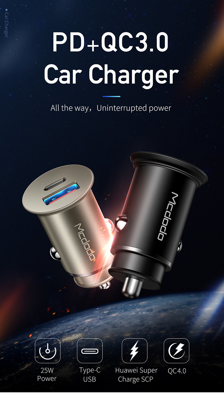 Mcdodo New Mini Size High Power 25W PD QC3.0 5V 5A Dual USB Zinc Alloy in Car Charger
