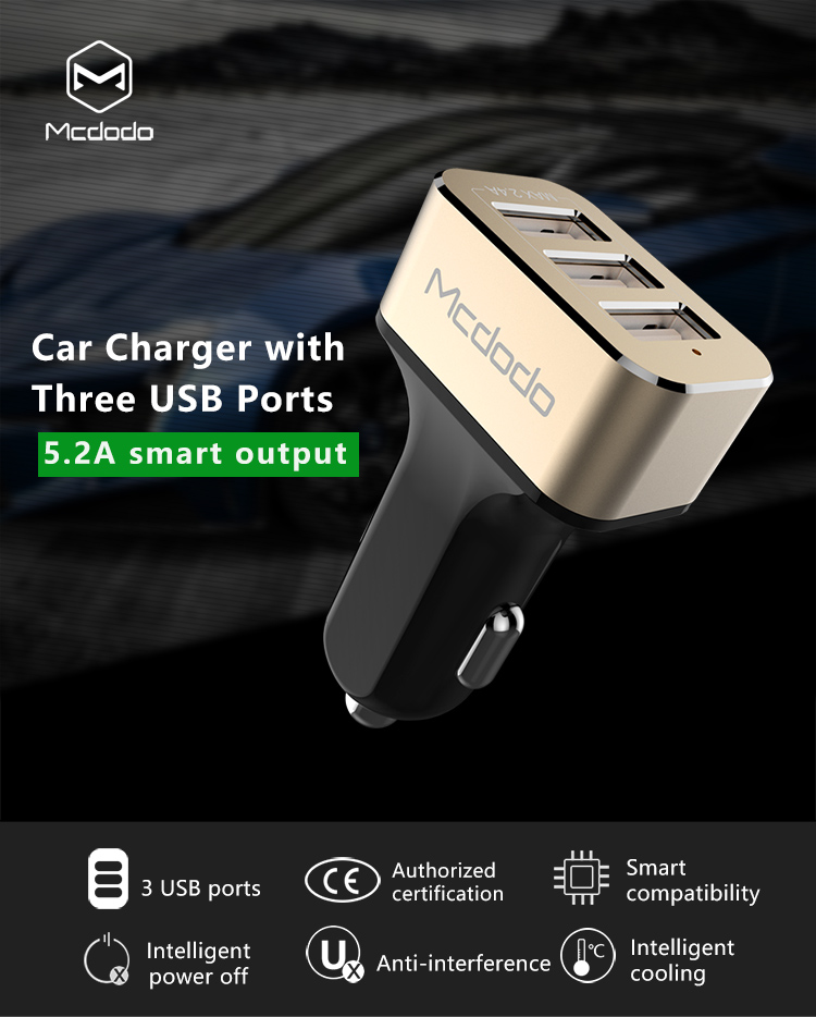 Mcdodo Hot Selling 5V 5.2A Mini Size Three USB  Car Charger