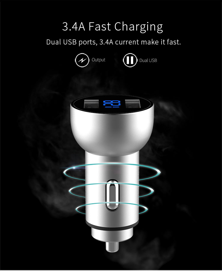 Mcdodo 5V 3.4A Aluminum Alloy Shell Made Two USB Car Charger with LED Current Digital Display
