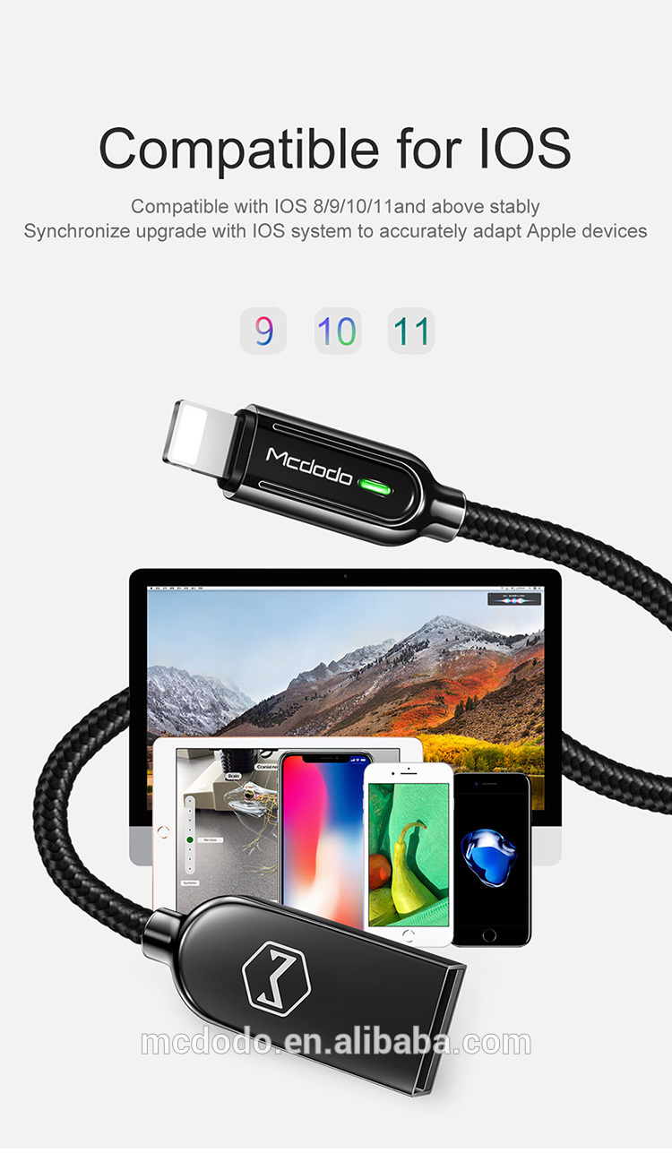 Mcdodo Wholesales Auto Disconnect Power off Zinc Alloy Nylon  USB light-ning Charging Cables For iPhone X/XR/XS/XS Max Charger