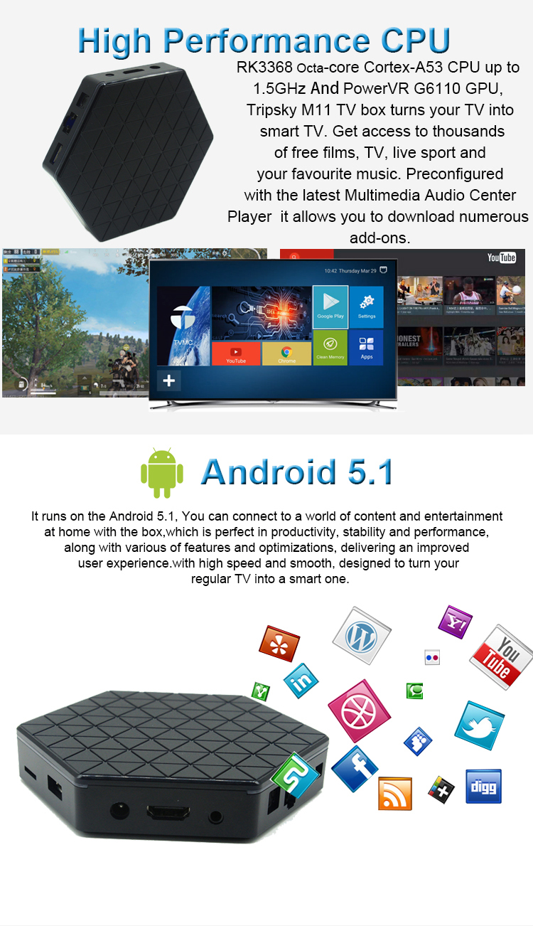 Factory Prices Newest Tv Box M11 RK3368 Android 7.1 Octa Core 2GB Ram 8GB Rom Internet Tv Set Top Box