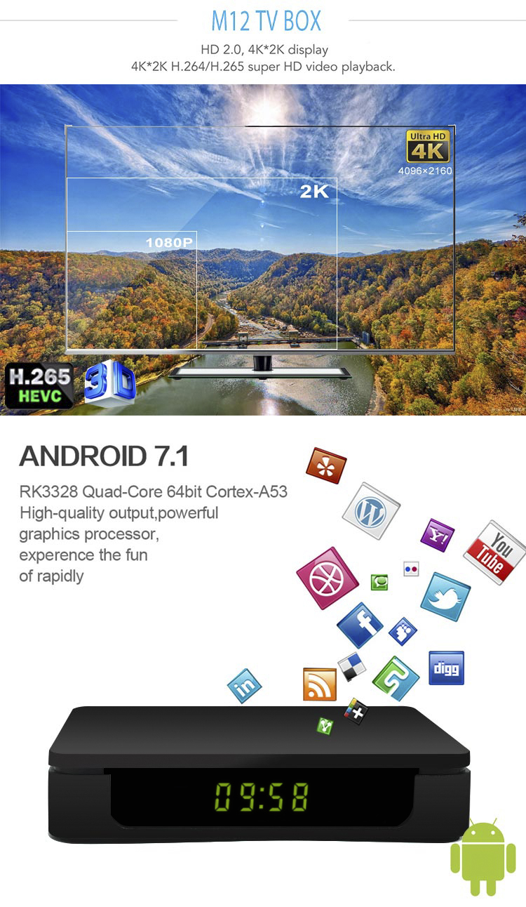 High Performance OEM Service M12 Rk3328 4G Ram 32G Rom 2.4G 5.8G  Dual Wifi Smart Tv Box Android