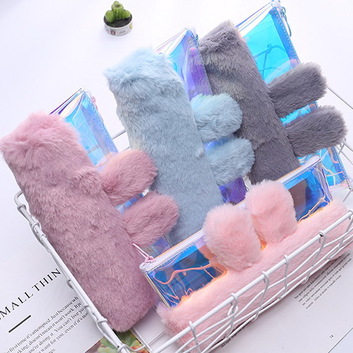 Wholesale New Fashion Kids Stationery Laser Bright Color Cute Rabbit Plush Printed Pencil Case Stationery Bag