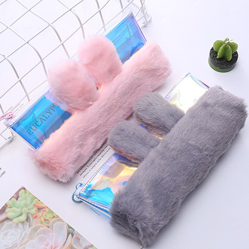 Wholesale New Fashion Kids Stationery Laser Bright Color Cute Rabbit Plush Printed Pencil Case Stationery Bag