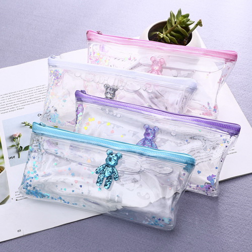 High Quality Wholesale Creative Stationery New Cute Bear Trapezoid Oil Pencil Bag PVC Pencil Case Student Stationery Bag